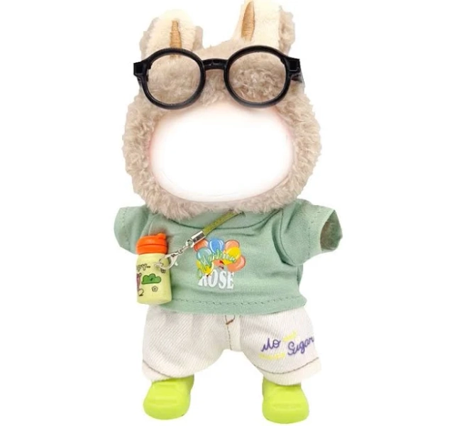POPMART Labubu Clothes 'Compatible with Labubu Generation 1, 2' White cartoon T-shirt + black jeans + black shoes + black guitar + black sunglasses (