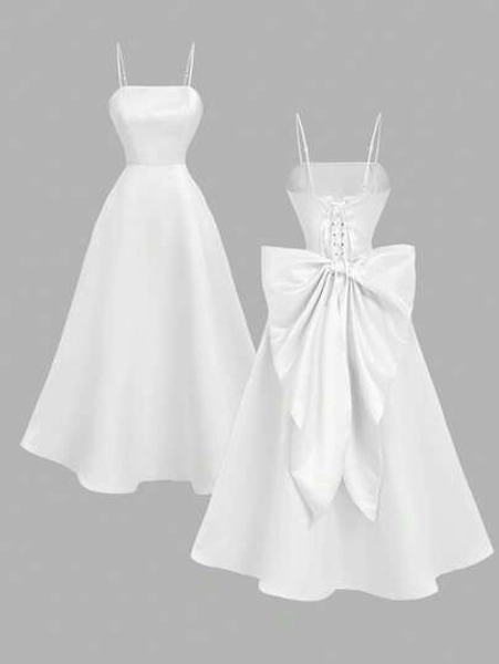 SHEIN MOD Women's White Backless Bow Satin Midi Dress, Fall/Winter ,New Year, Party,Elegant,Christmas ,Luxury Evening Dresses For Weddings, White Dress With Bow, White Corset Dress, White Elegant Dress, White Midi Dress