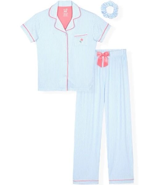 Max & Olivia Girls' 6-16 Striped Top Long Leg Pants & Scrunchie
