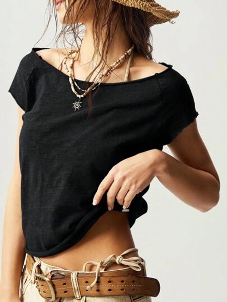 Bohemela Women Fitted Washed Solid Color Knit Boat Neck T-Shirt Off The Shoulder Top
