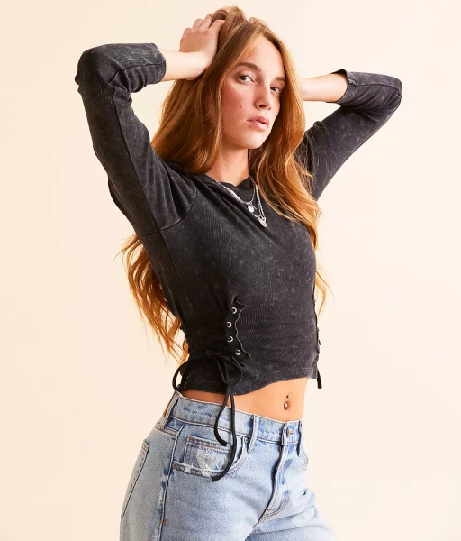X-Large Washed Black Lace-Up Cropped Top