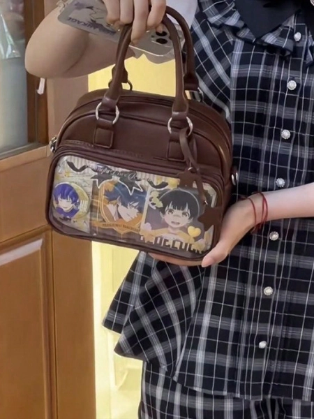 Japanese Harajuku Style Ltabag Large Capacity Cute Bowling Bag With Badge Elements, Multifunctional Handbag, Shoulder Bag, Backpack For Female Students
