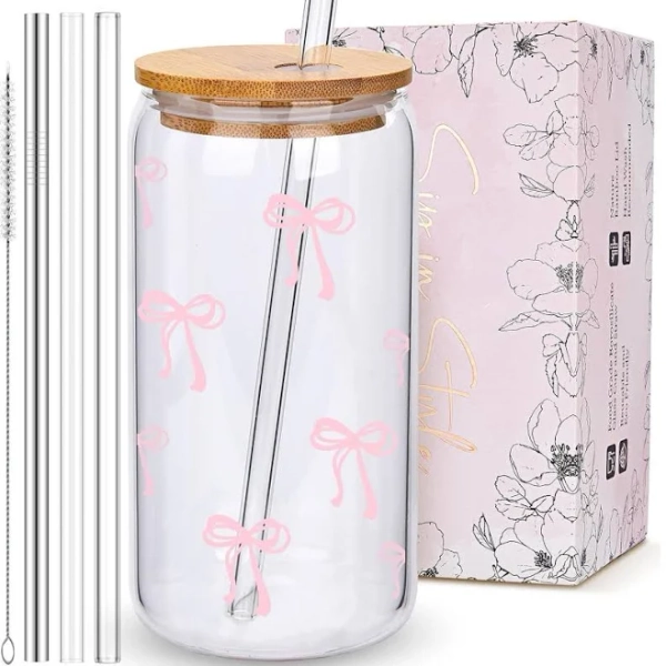 Cute Bow Glass Cups with and Straws, Aesthetic Iced Coffee Cup, Girly Preppy Design Tumbler Mug, Birthday Valentines Christmas Gifts for Women, Teen