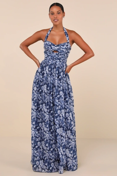 Illustrious Aura Navy Blue Floral Pleated Halter Maxi Dress