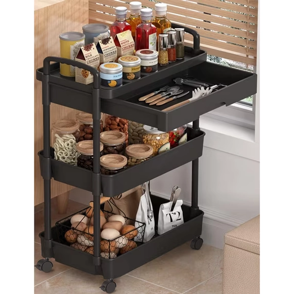 3-Tier Utility Rolling Cart,RLUETIME Mobile Utility Cart with Drawer,Storage Shelves Organizer Cart, Black