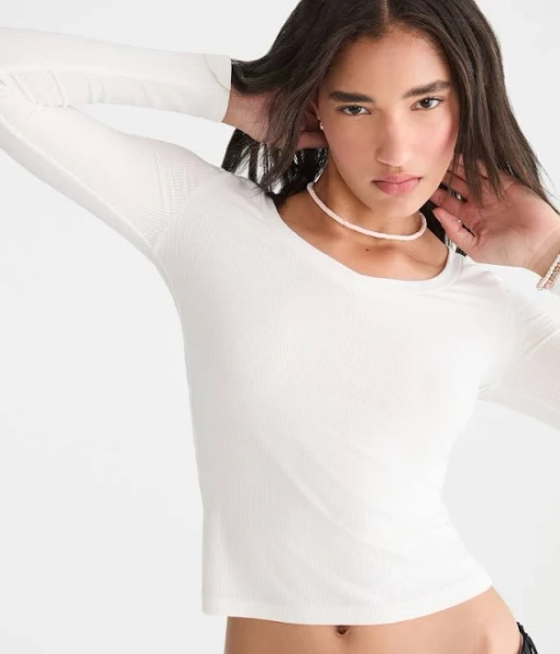 Aeropostale Women's Long Sleeve Ribbed V-Neck Baby Tee