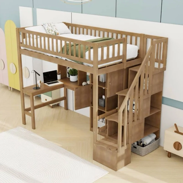 Harriet Bee Twin Loft Bed with Desk, LED Lights, Storage Shelves, and Cabinets