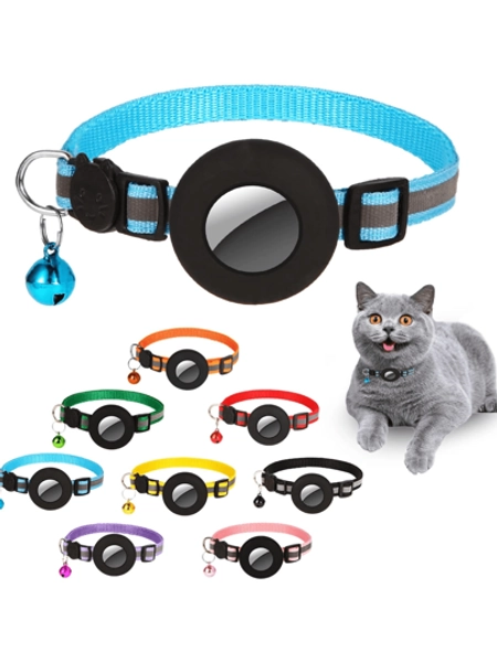 Cat Collar With AirTag Holder Tracker Bell Holder - Adjustable Length Apple Tag Cat Collar - Airtag Holder For Cat Collar - Size Sapphire