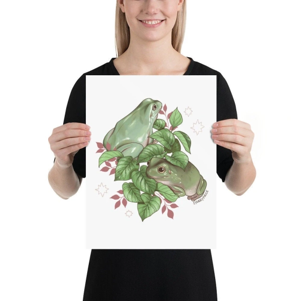 PRINT White's Tree Frogs and Jade Pothos Art Print Reptiles Amphibians Dumpy Frog