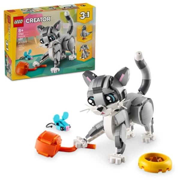 LEGO Creator 3 in 1 Playful Cat Toy - Building Toy with 3 Building Options, Cat, Dog, or Pigeon - Birthday Gift for Kids - Animal Figures for Kids, Girls and Boys, Ages 8+ - 31163