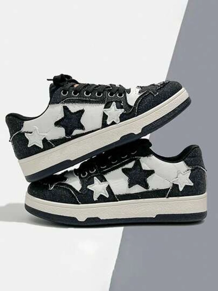 New Fashionable Casual Star Pattern Canvas Sneakers, Round Toe Lace-Up Low-Top Shoes, Oversized (Please Order One Size Up)