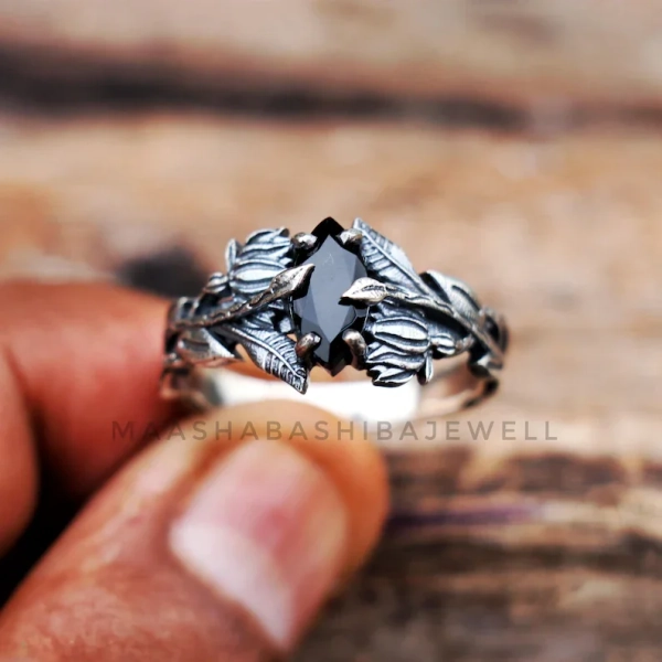 Sterling Silver Black Onyx Marquise Ring, Leaf Design