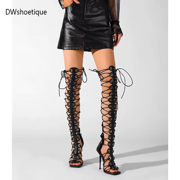 Sexy lace up women sandals square toe cross-tie over knee party high heel - AliExpress 322