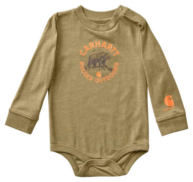 Carhartt Bear Rugged Outdoors Long-Sleeve Bodysuit for Babies - Martini Olive Heather - 3 Months