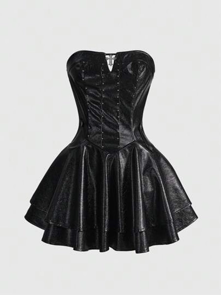 ROMWE Avant Y2K Punk Baddie Metal Cross Pendant PU Mini Edgy Girl Dress - Size XS