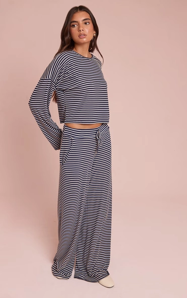 Navy Ribbed Striped Drawstring Wide Leg Pant