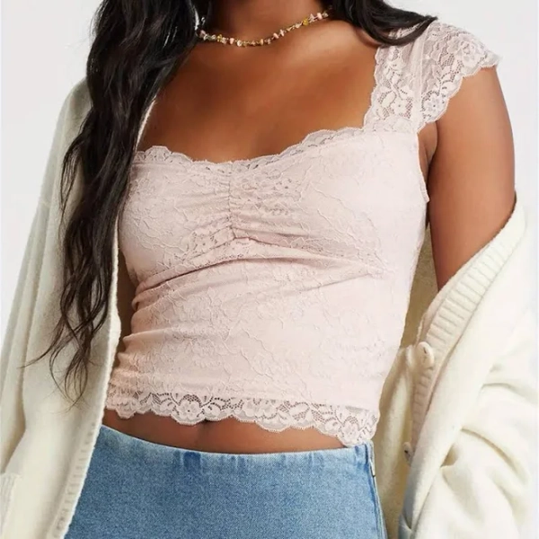 Women's Sweetheart Lace Short Cap Sleeve Top