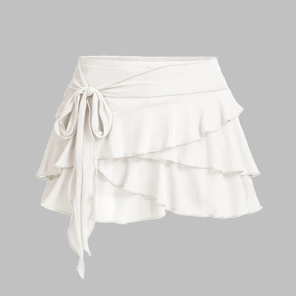 [Sexy Short Skirt] Solid Color Knotted Short Skirt | Slight Stretch Polyester, Knit Fabric, Ruffled, for Adult, Sleepwear and Outdoor Wear