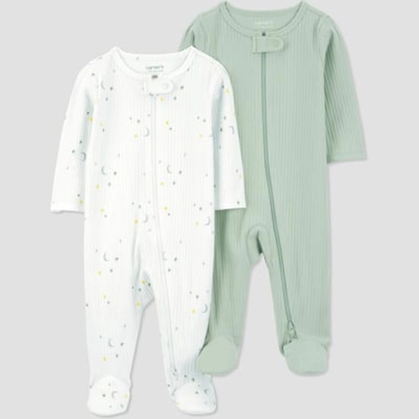 Carter's Just One You® Baby 2pk Sleep N' Play - Green/Ivory 9M: Footed Pajamas, Long Sleeve, Two-Way Zipper