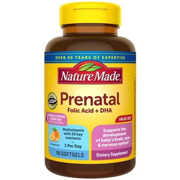 Nature Made Prenatal with Folic Acid + DHA, Prenatal Vitamin and Mineral Supplement Softgels, USP Verified - 90ct