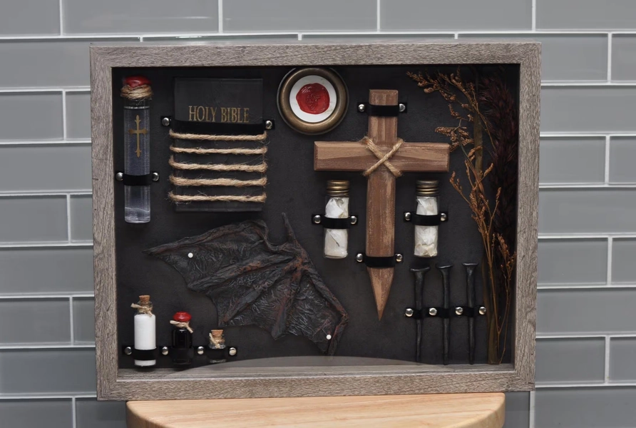 Vintage Vampire Hunting Kit Shadow Box- Dark Grey Velvet