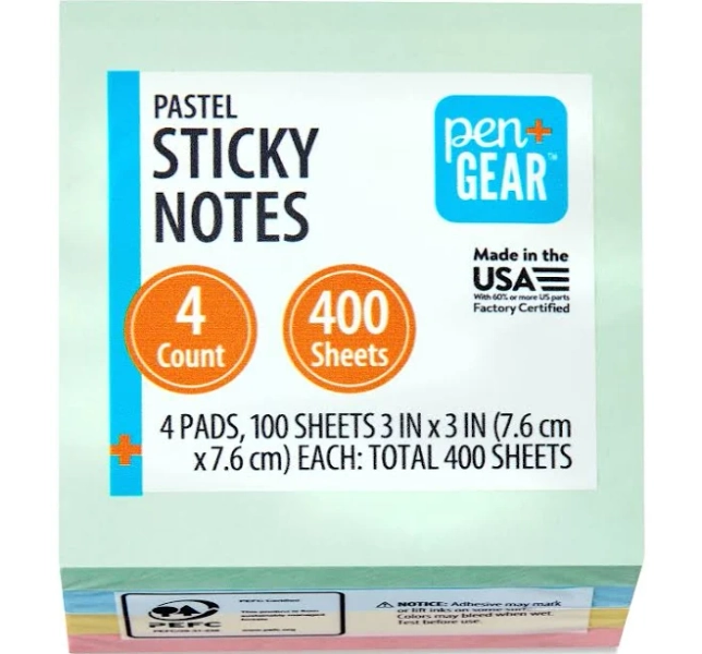 Pen + Gear Sticky Notes 3" x 3" Assorted Pastel 4 ct