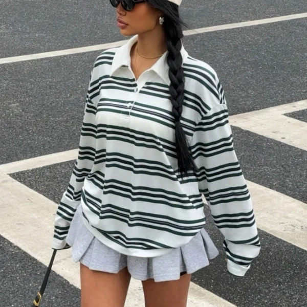 SHEIN Oversized Loose Fit Long Sleeve Stripe Polo T-Shirt