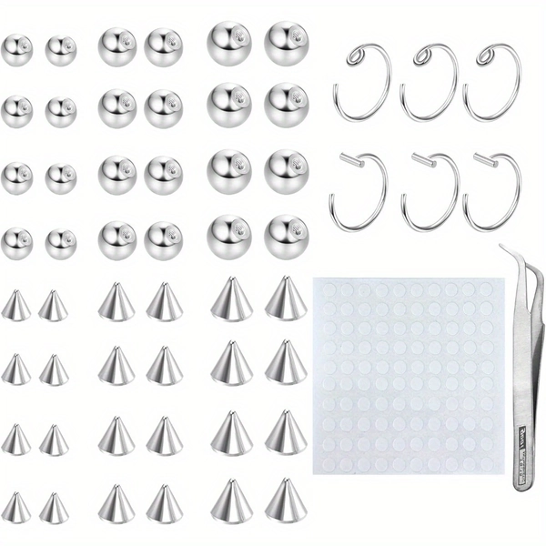 56pcs Fake Eyebrow Ring & Lip Labret Studs - Non-Piercing Body Jewelry with Stickers, 3mm 4mm 5mm Hypoallergenic Replacement Balls, Spikes & Nose Hoops for Hip-Hop & Minimalist Styles, Daily & Party Wear, Eyebrow Jewelry, Makeup Accessories