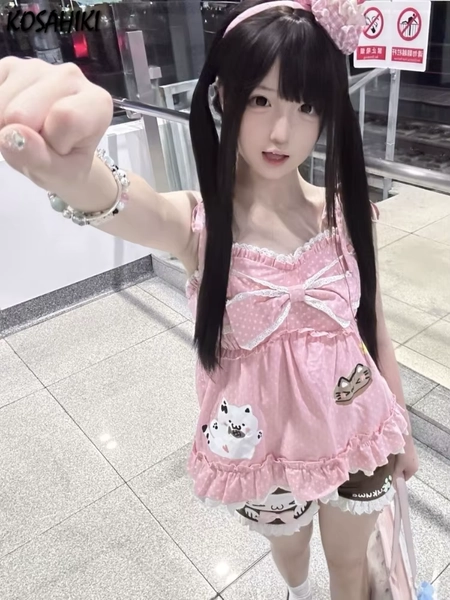 Japanese Sweet Cartoon Printing Tanks Grunge Kawaii Cute Lace Patchwork Bow Vest Tops Women Y2k Aesthetic Summer Fairy Camisoles - AliExpress 200000345