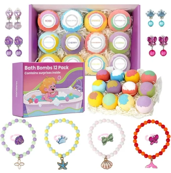 12 Pack Bath Bombs for Kids Girls with Surprise Toys Inside, Fun Kids Safe, Handmade Natural Bubble Spa Bath Ball with Jewelry Toys, Bath Bomb Gifts