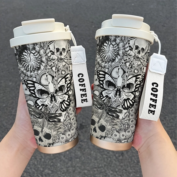 530Ml Gothic & Skull Coffee Cup with Insulated Lid - Double-Wall Vacuum Insulated Tumbler, 316 Stainless Steel Thermal Mug for Hot/Cold Drinks