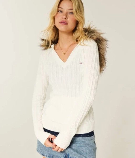 Hollister Women's Faux Fur Trim Cable-Knit Sweater