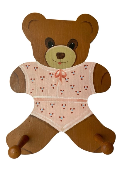 VTG  1970’s Handmade Folk Art Wood Teddy Bear Coat Rack 12” Nursery Baby Girl