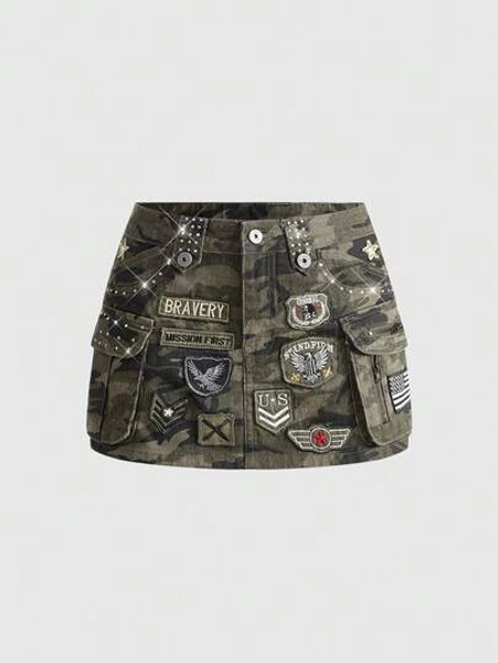 ROMWE Grunge Punk Spring/Summer Kpop Camouflage Military Cargo Patch Vintage Denim Mini Skirt For Women - Size L