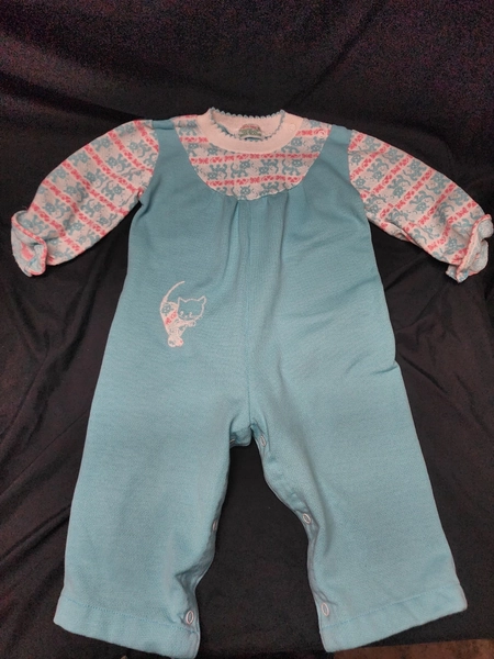 Health-tex Vintage 80’s Cat Striped Romper 24 Months Aqua Long Sleeve
