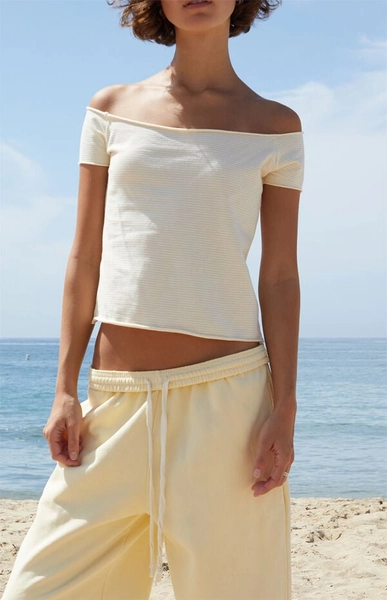 Yellow Striped Bonnie Off-The-Shoulder Crop Top