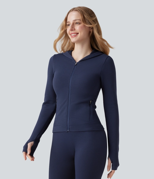 OneForm Seamless Flow Waffle Hooded Long Sleeve Thumb Hole Zipper Yoga Jacket with Pockets