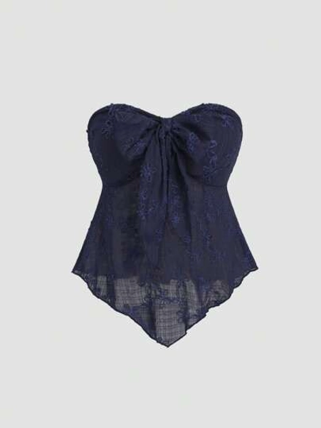 Sweetra Textured Fabric Knot Front Strapless Top Y2K 
