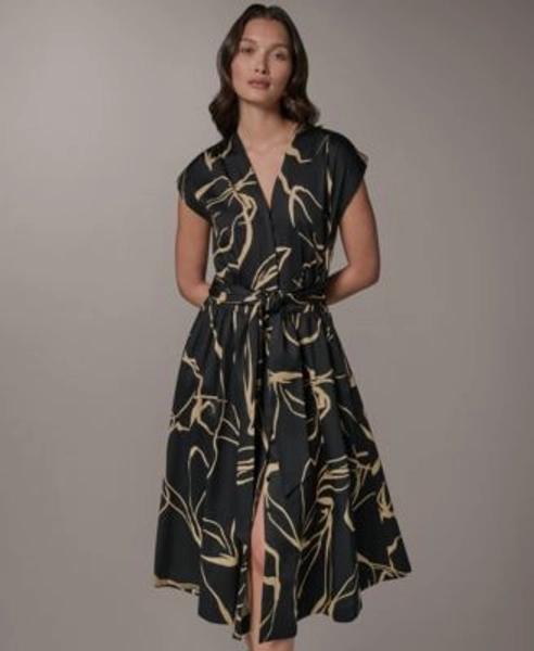 Women's Printed Tie Belt V-Neck Midi Dress