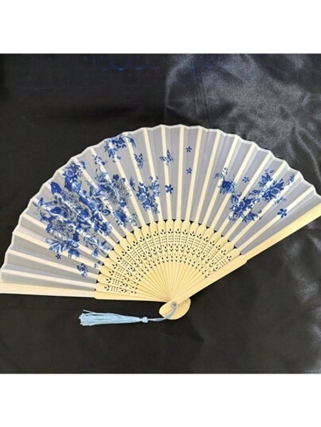 1 Piece Antique Folding Bamboo Fan, Dance Fan Decorated With Black Butterfly Tassel Floral Pattern, Manual Fan