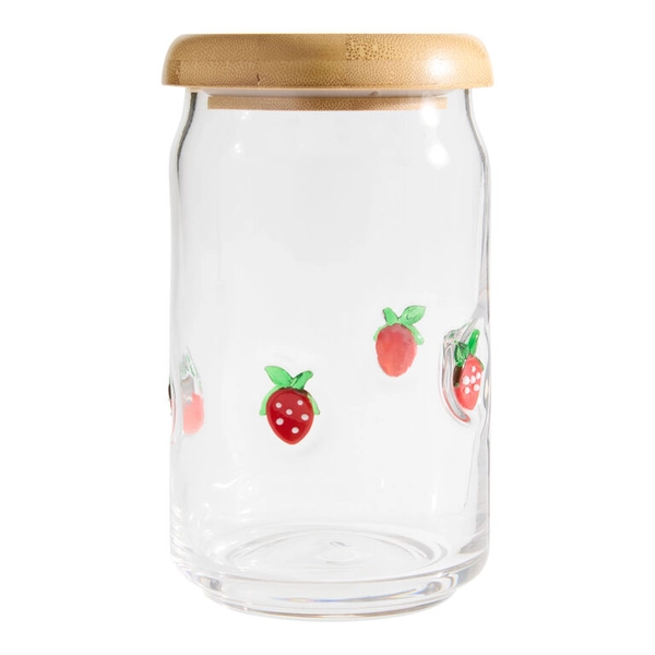 Strawberry Charm Inlay Tall Glass and Bamboo Storage Canister