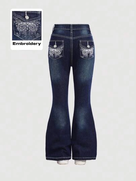 SHEIN Girlism Tween Girls Fashion Y2K Low Waist Vintage Rhinestone Butterfly Embroidered Denim Flare Leg Jeans, Girls Fall Winter Clothes Back To School Outfits