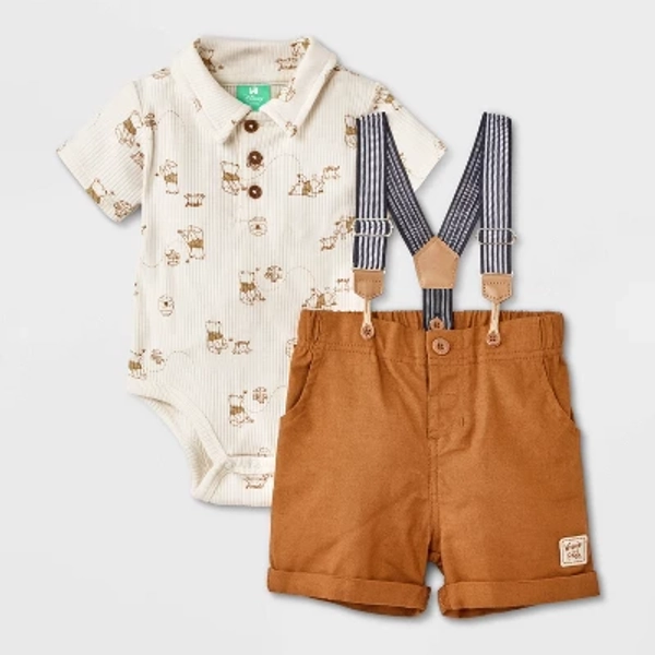 Baby Boys' 2pc Disney Winnie the Pooh Short Sleeve Bodysuit & Shorts Suspender Set - Brown Newborn