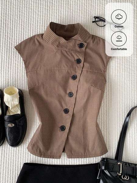 Comfortcana Women's Summer Casual Plaid Asymmetric Front Sleeveless Jacket