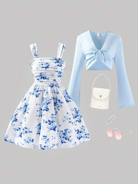 SHEIN Tween Girls Waist White And Blue Floral Elegant Party Summer Mini Dress With Matching Shawl Cardigan, Graduation, Vacation, Outfit Autumn Fall