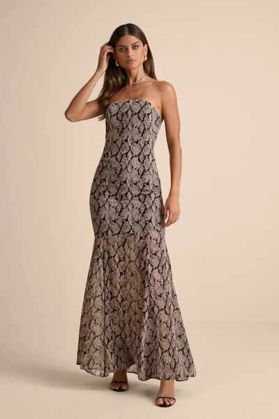 Cherette Brown Snake Print Strapless Maxi Dress