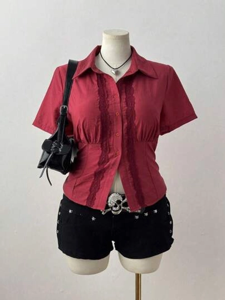 Sweetra Sexy Lace Trim Fitted Waist Casual Short Sleeve Blouse