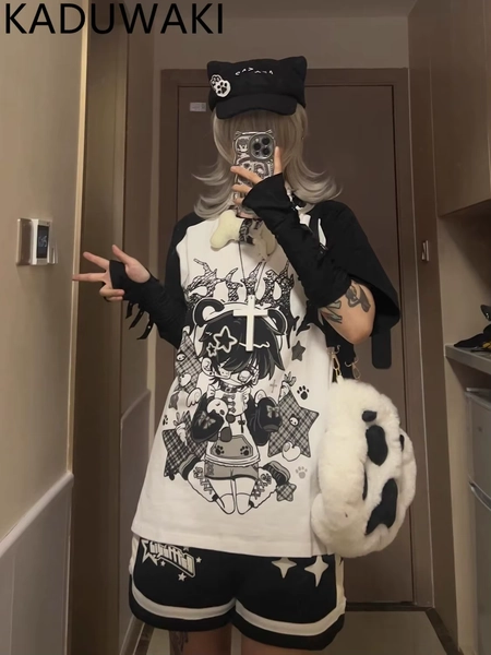 Japan Style Kawaii Cartoon Print Short Sleeve Tshirt Women Contrast Color O-neck Loose Casual Top Y2k Aesthetic Punk Gothic Tee - AliExpress 200000345