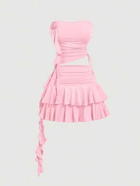 SHEIN MOD 2pcs Set Pink Cute 3D Flower Women Apparel, Valentine's Day Outfit, Date Wear