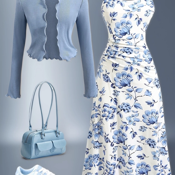 [Gift for Family] Teen Girl Blue Knitted Long-Sleeve Cardigan and Floral Print Sleeveless Midi Dress 2pcs Set, Exclusive Summer Beach Outfit for 13-16 Year Olds for Summer Vacation Outings, Gift for Family, Friends, or Daughter, for Teenager
